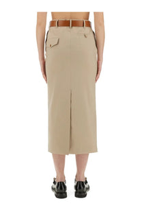 Moschino women’s beige tailored twist long midi skirt with front slit side pockets and brown leather belt