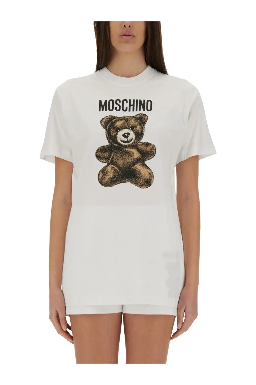 Moschino women’s white cotton t-shirt featuring a brown teddy bear graphic with the brand name above it