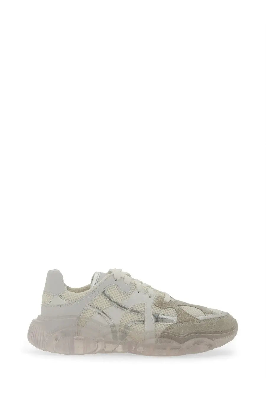 Moschino women’s teddy sneaker white with chunky sole in muted beige and translucent gray mesh and suede panels