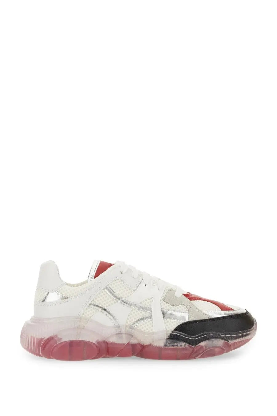 Moschino women’s teddy sneaker white with white red and black translucent upper and chunky rubber sole