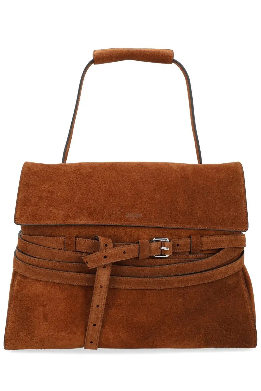 Tan suede moschino women’s tie me handbag with top handle and multiple silver buckle belt straps