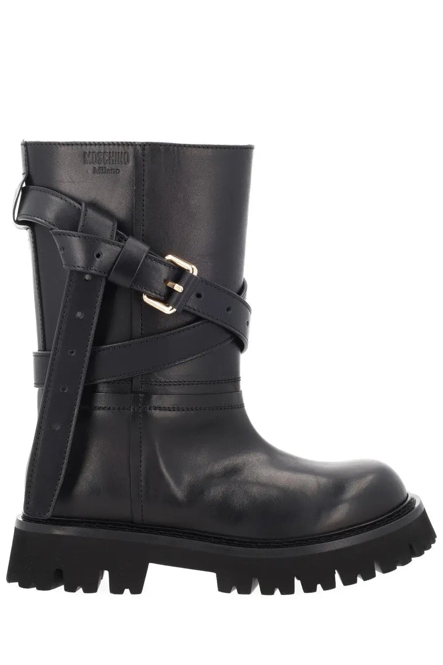 Moschino women’s black leather tie me boot with multiple straps and gold-tone buckles in a front view