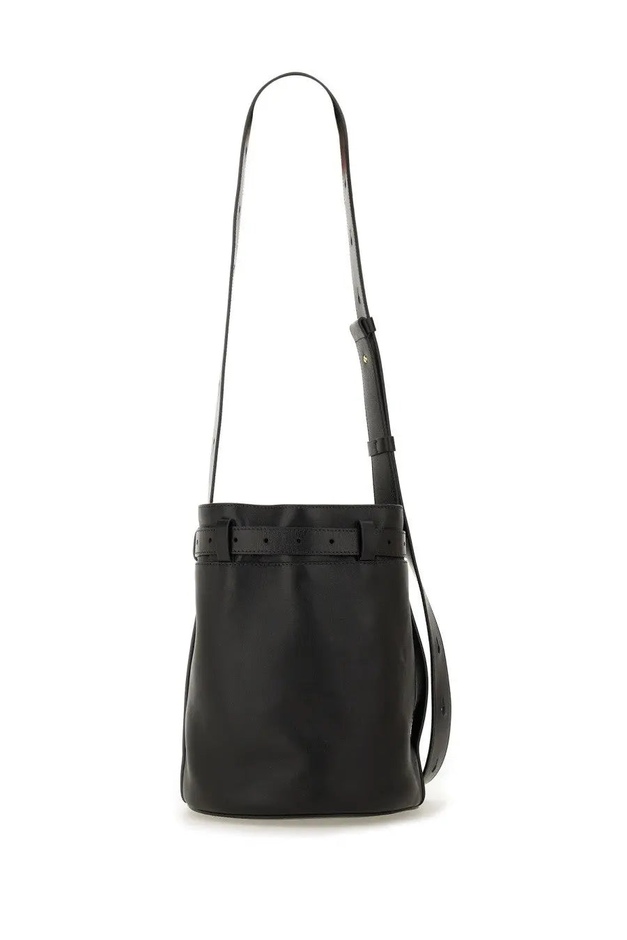 Moschino women’s tie me bucket bag in black leather with adjustable strap and buckle closure