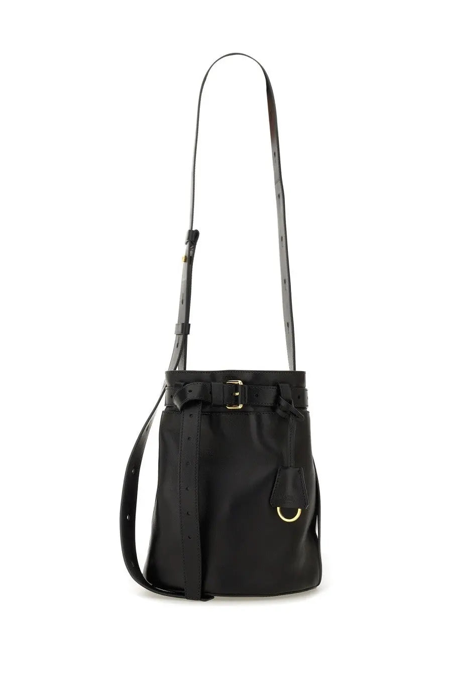 Moschino women’s black leather bucket bag with gold-tone buckle and d-ring detail tie me design