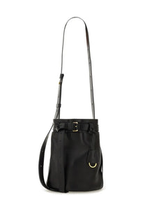 Moschino women’s black leather bucket bag with gold-tone buckle and d-ring detail tie me design