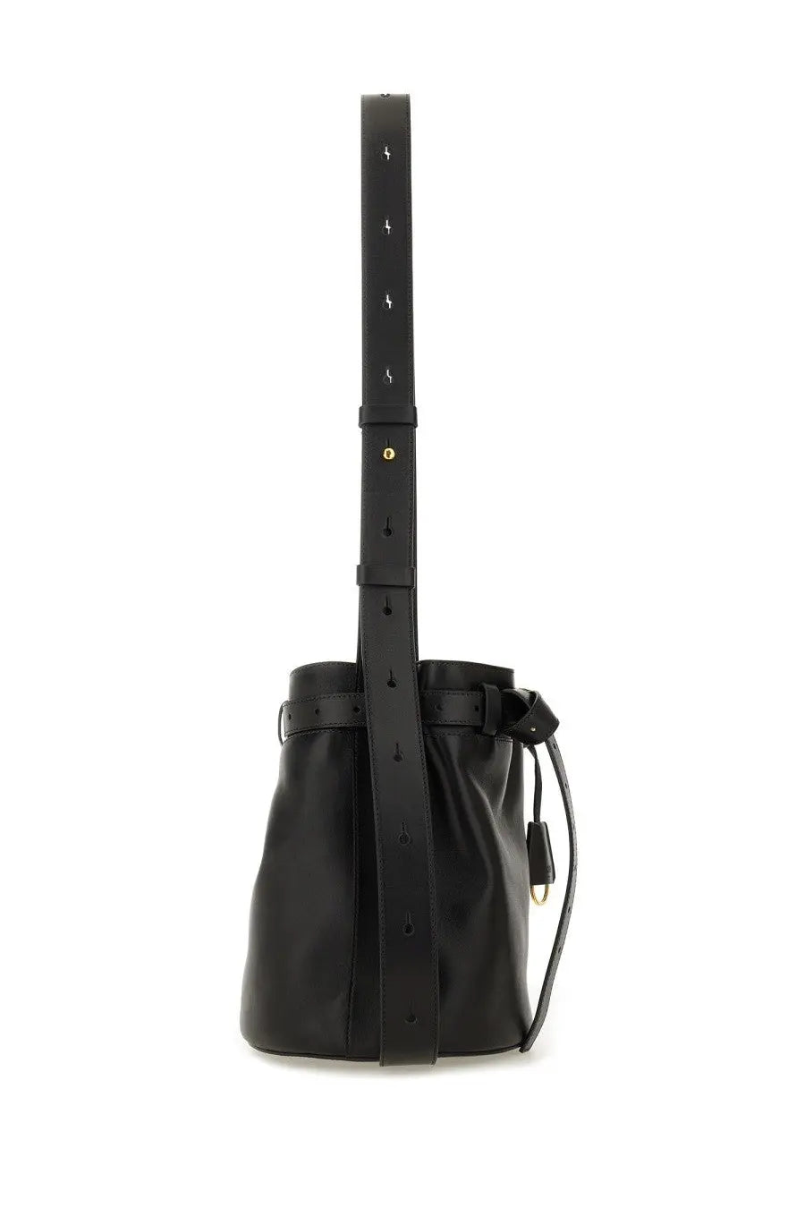 Moschino women’s black leather bucket bag with long strap and silver-tone hardware accents