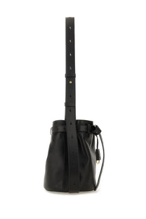 Moschino women’s black leather bucket bag with long strap and silver-tone hardware accents