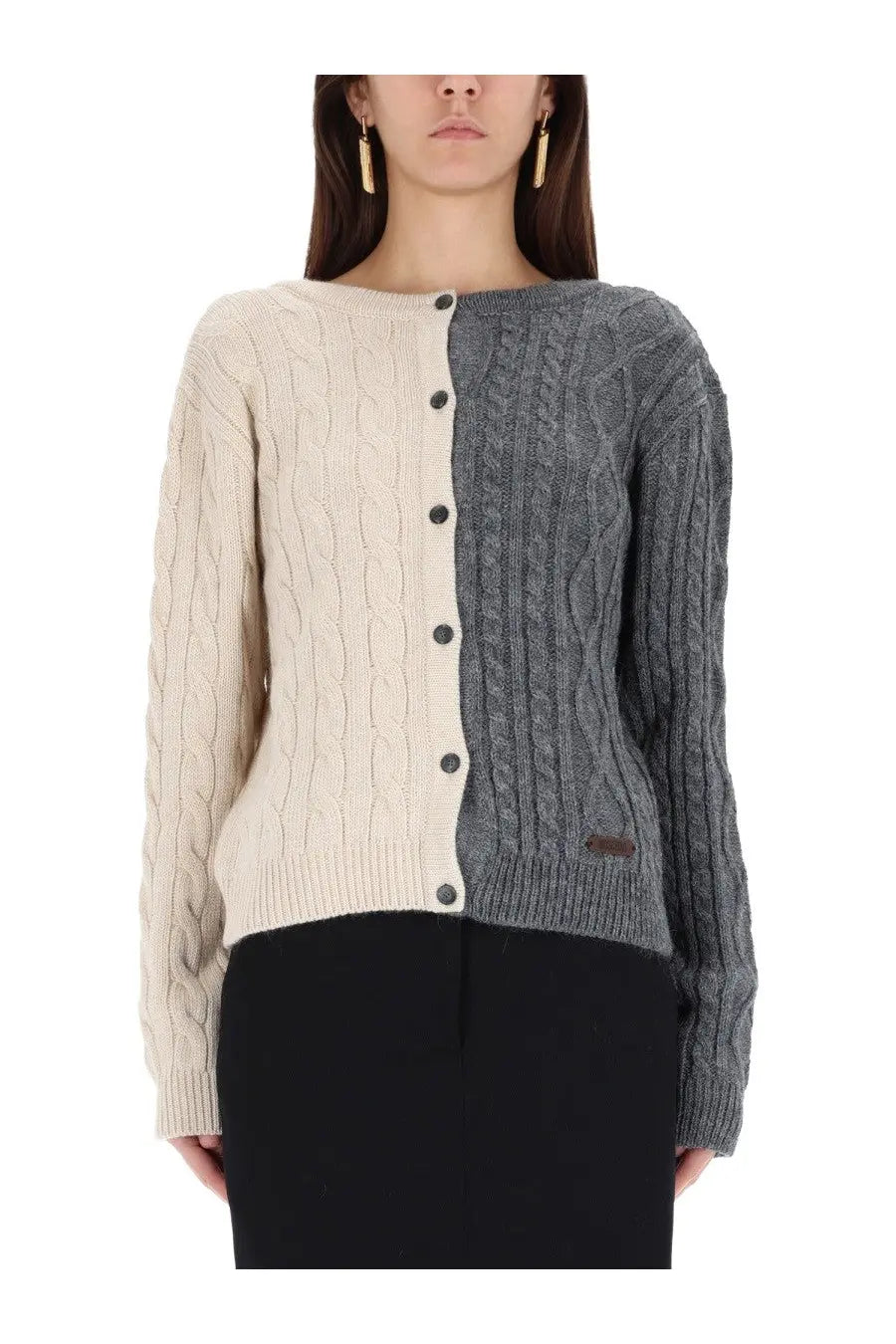 Moschino women’s two tone cable knit cardigan in cream and gray with black buttons down the center