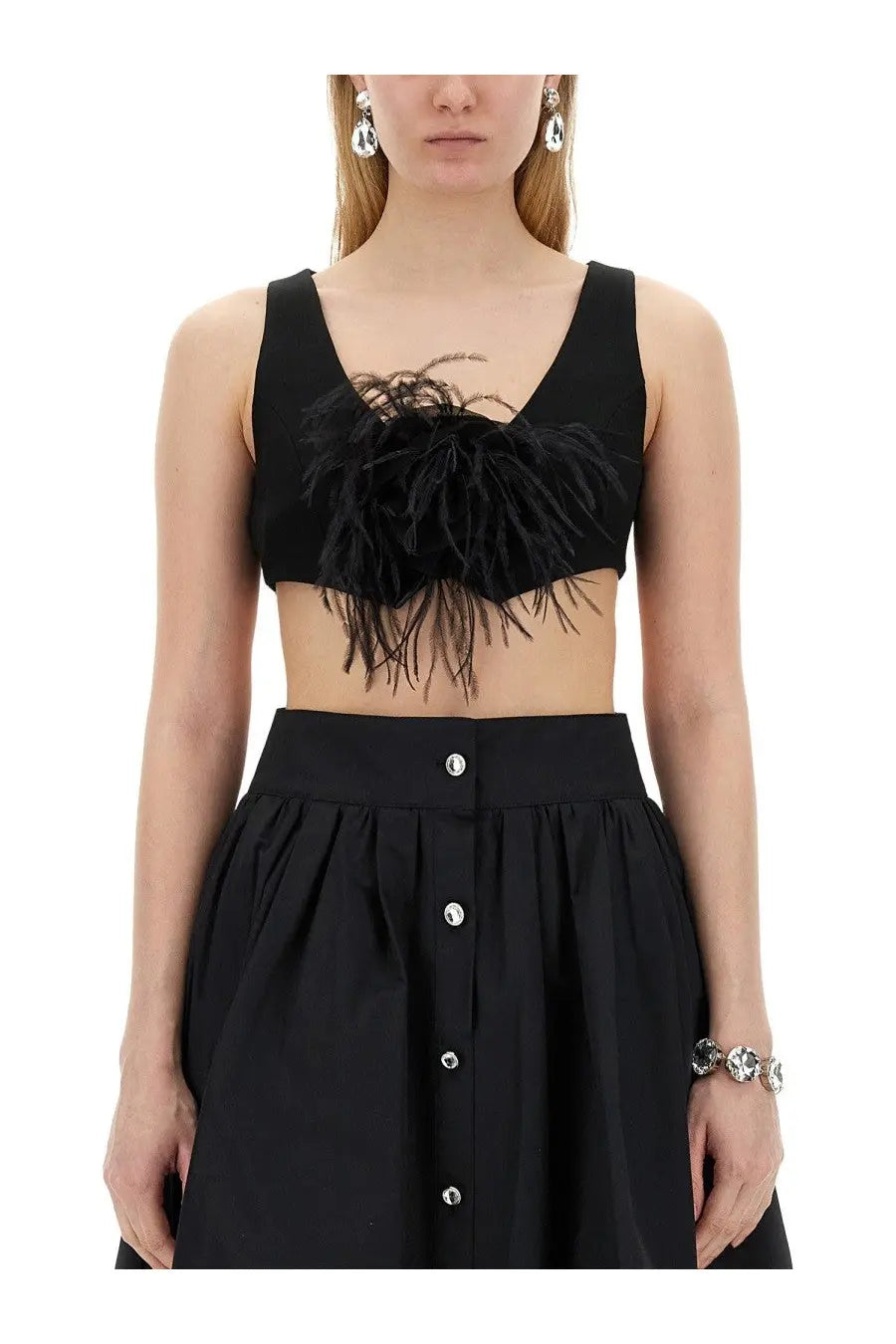 Moschino women’s black feathered crop top with deep v-neckline and soft voluminous feathers at center front
