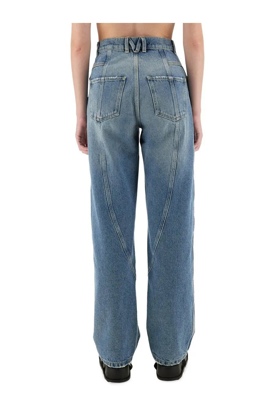 Moschino women’s blue denim wide leg jeans with high waist and visible stitching details front view