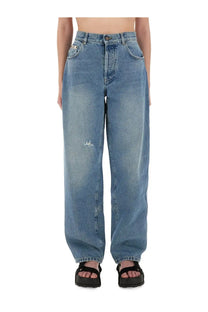 Moschino women’s light-wash denim wide leg jeans with relaxed fit and subtle thigh distressing in blue