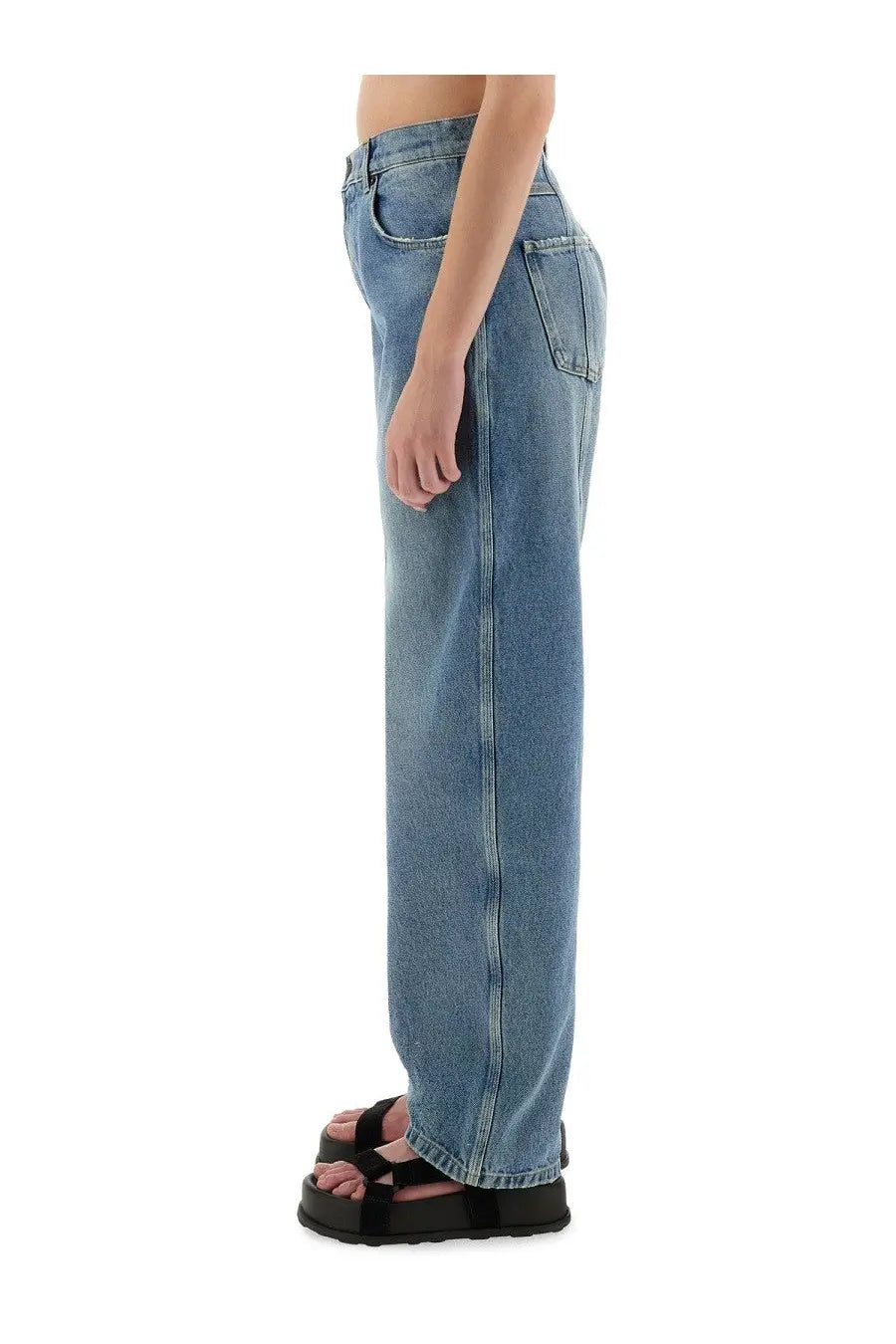 Moschino women’s light-wash denim blue wide leg jeans with relaxed fit and classic five-pocket design