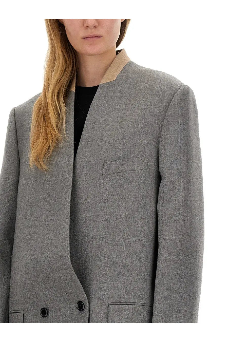 Moschino women’s grey wool blazer with textured fabric beige inner collar and black buttons for formal wear