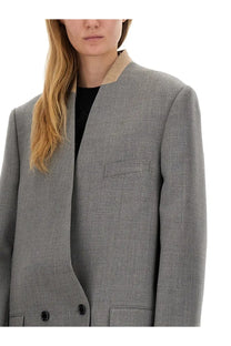 Moschino women’s grey wool blazer with textured fabric beige inner collar and black buttons for formal wear