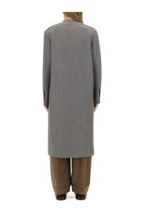 Moschino women’s long gray wool coat with subtle textured weave and tailored structured lines