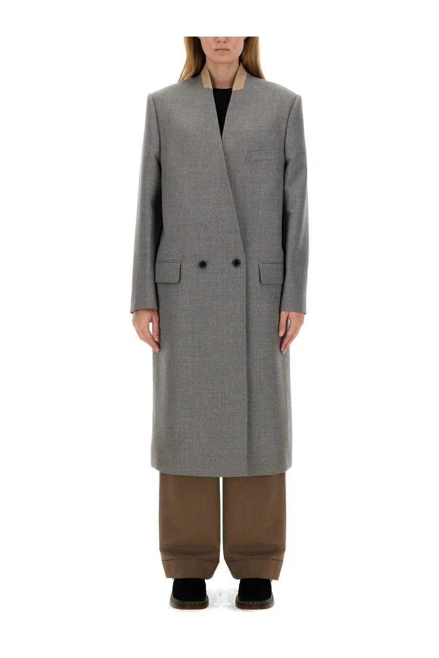Moschino women’s double-breasted gray wool coat with subtle herringbone pattern and beige contrasting collar