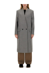 Moschino women’s double-breasted gray wool coat with subtle herringbone pattern and beige contrasting collar
