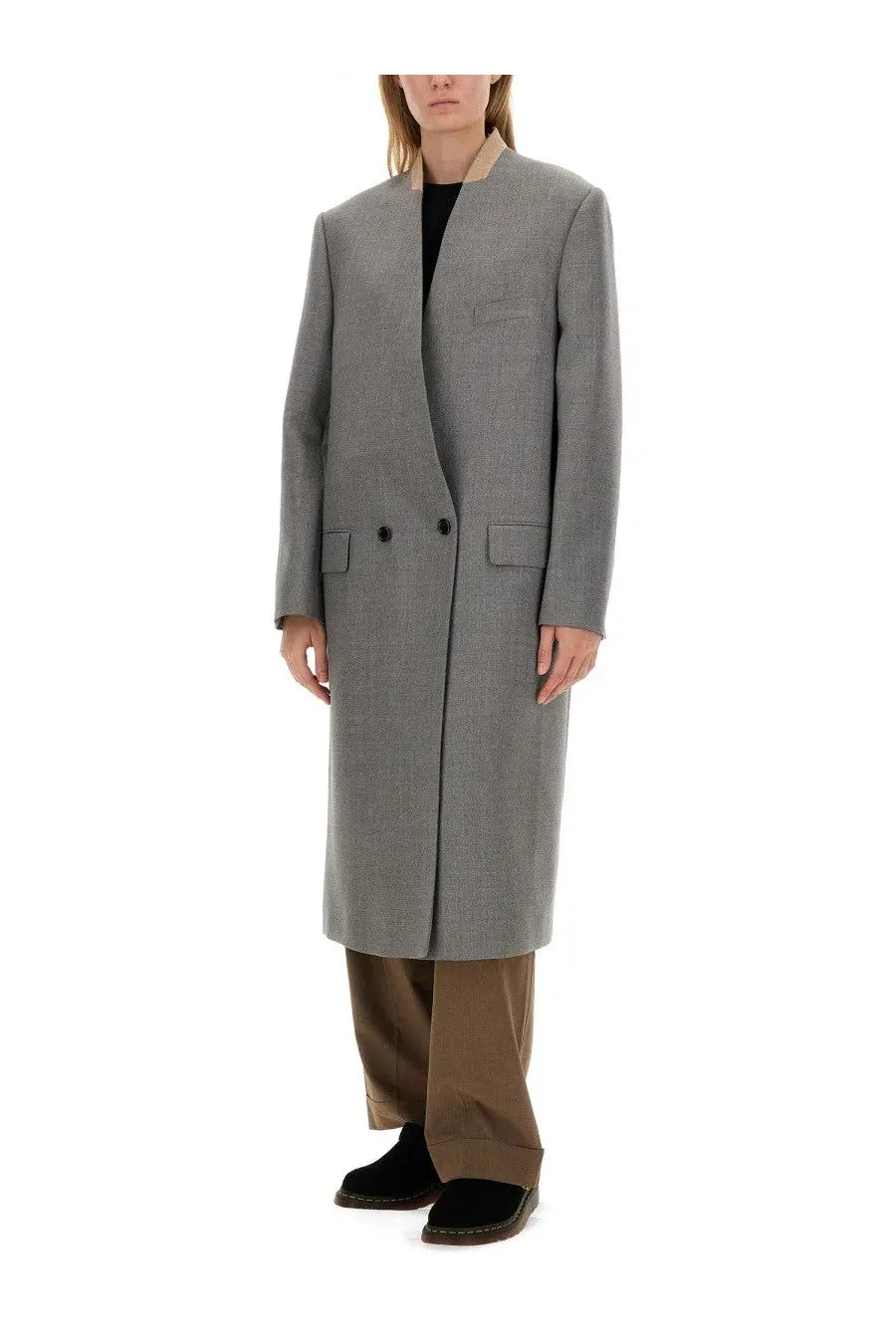 Moschino women’s tailored gray wool overcoat with subtle check double-breasted front and two flap pockets