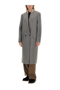 Moschino women’s tailored gray wool overcoat with subtle check double-breasted front and two flap pockets