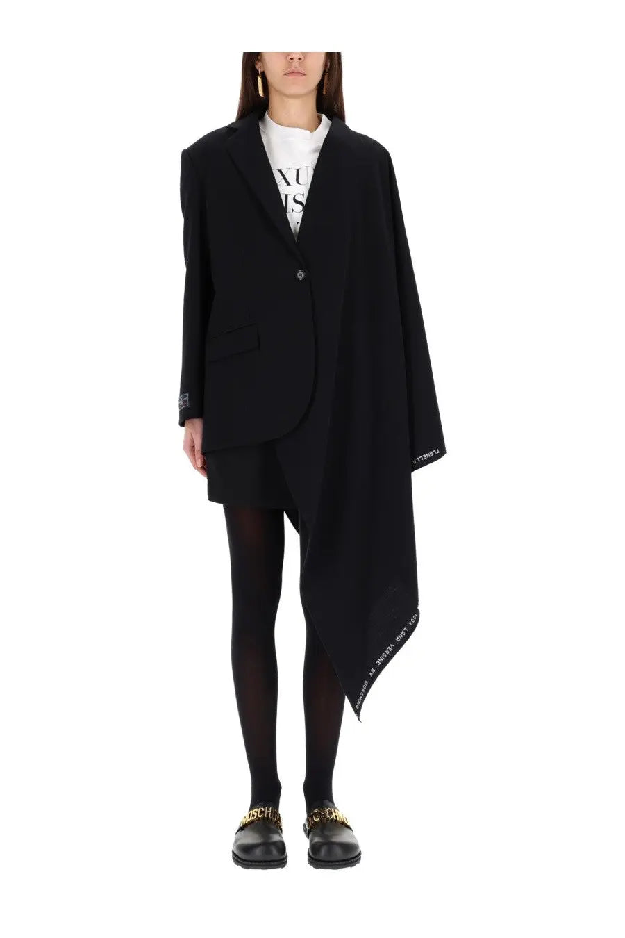 Moschino black oversized wool flannel blazer with asymmetrical hem