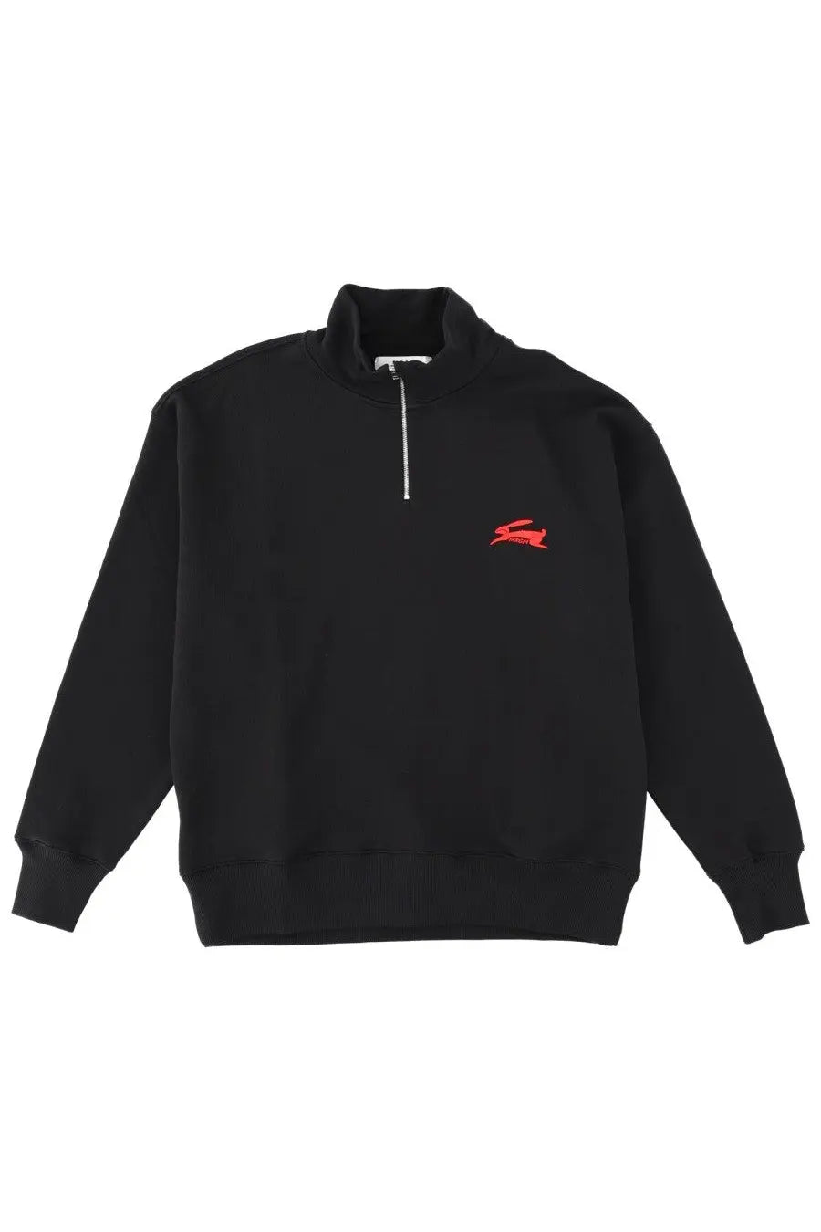 Msgm men’s black half-zip sweatshirt with red embroidered rabbit logo on chest made from comfortable fabric