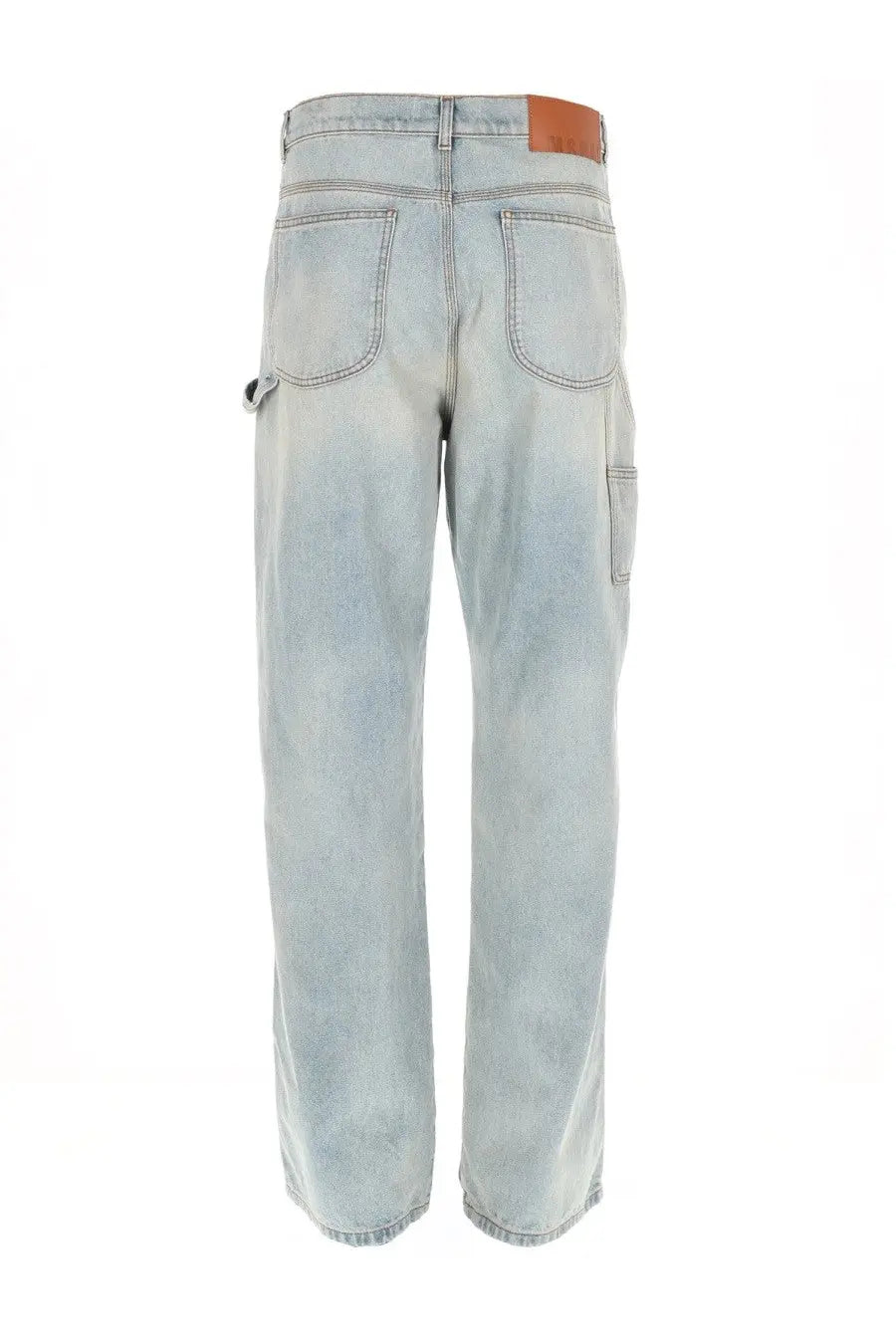 Light-wash denim MSGM men’s jeans con blue with relaxed straight-leg cut and brown leather brand patch at waistband back view