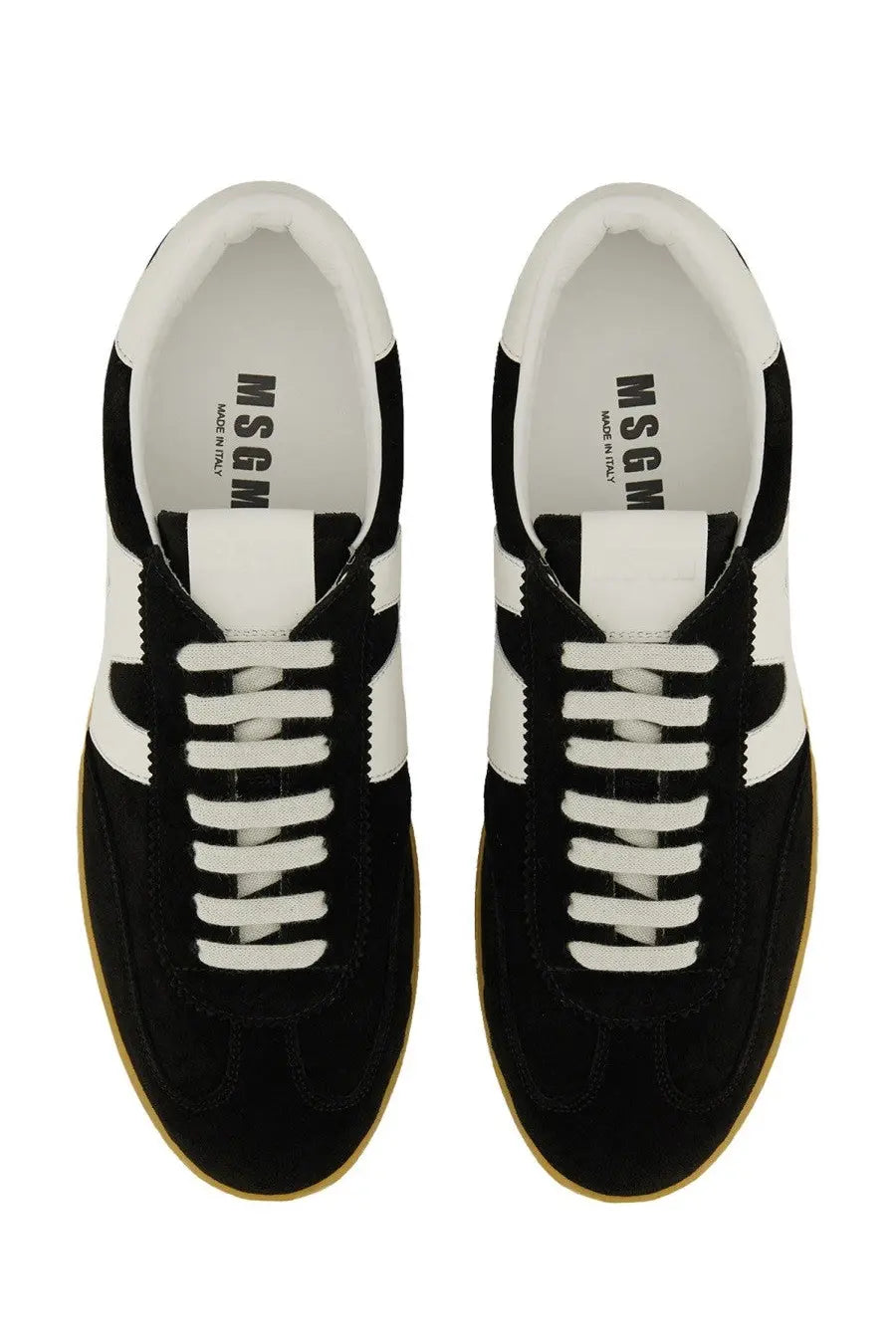 Msgm men’s retro sneaker black suede with classic athletic design, contrasting stripes, and tan rubber sole