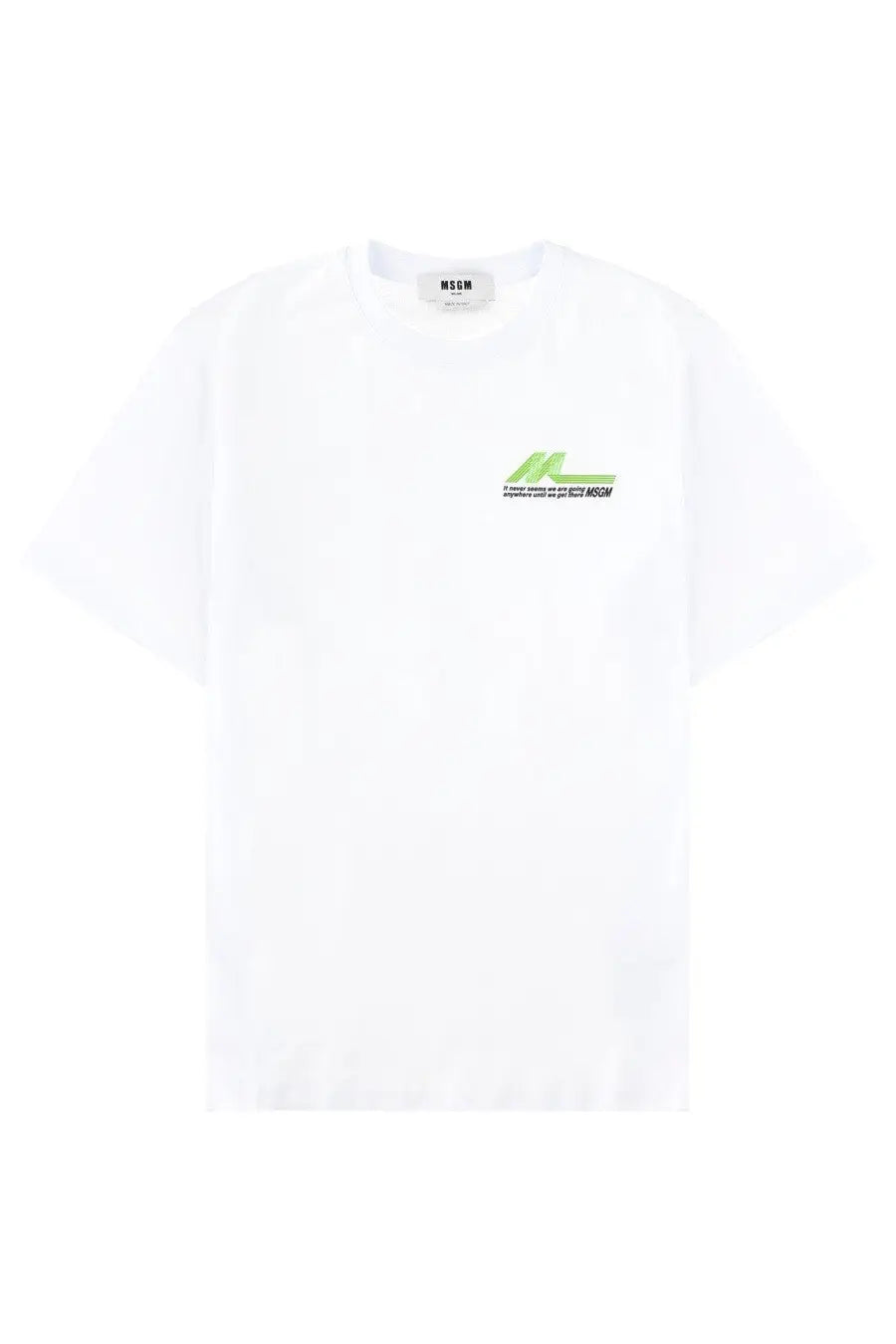 White msgm men’s t-shirt with a small neon green and black graphic on the left chest for casual wear