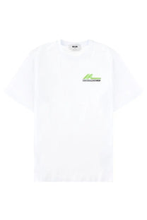 White msgm men’s t-shirt with a small neon green and black graphic on the left chest for casual wear