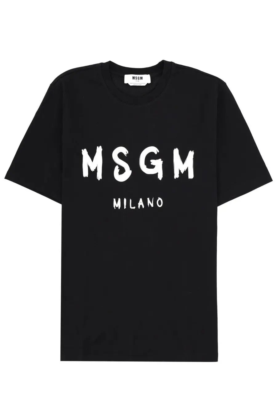 Black msgm milano t-shirt in cotton with bold white brushstroke lettering across the chest for men