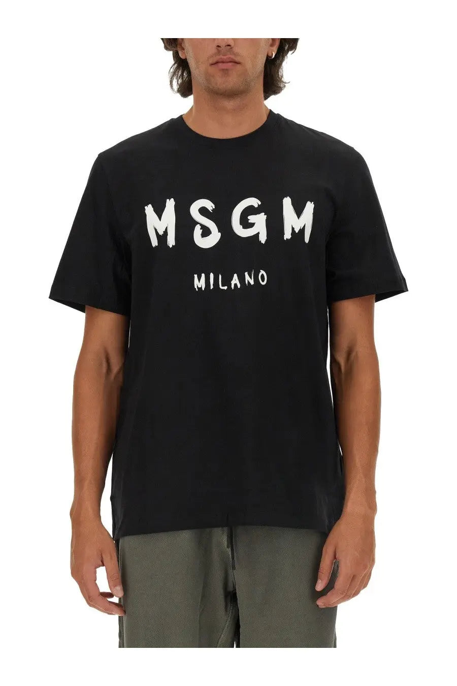 Black msgm milano t-shirt in cotton with bold white lettering across the chest for men
