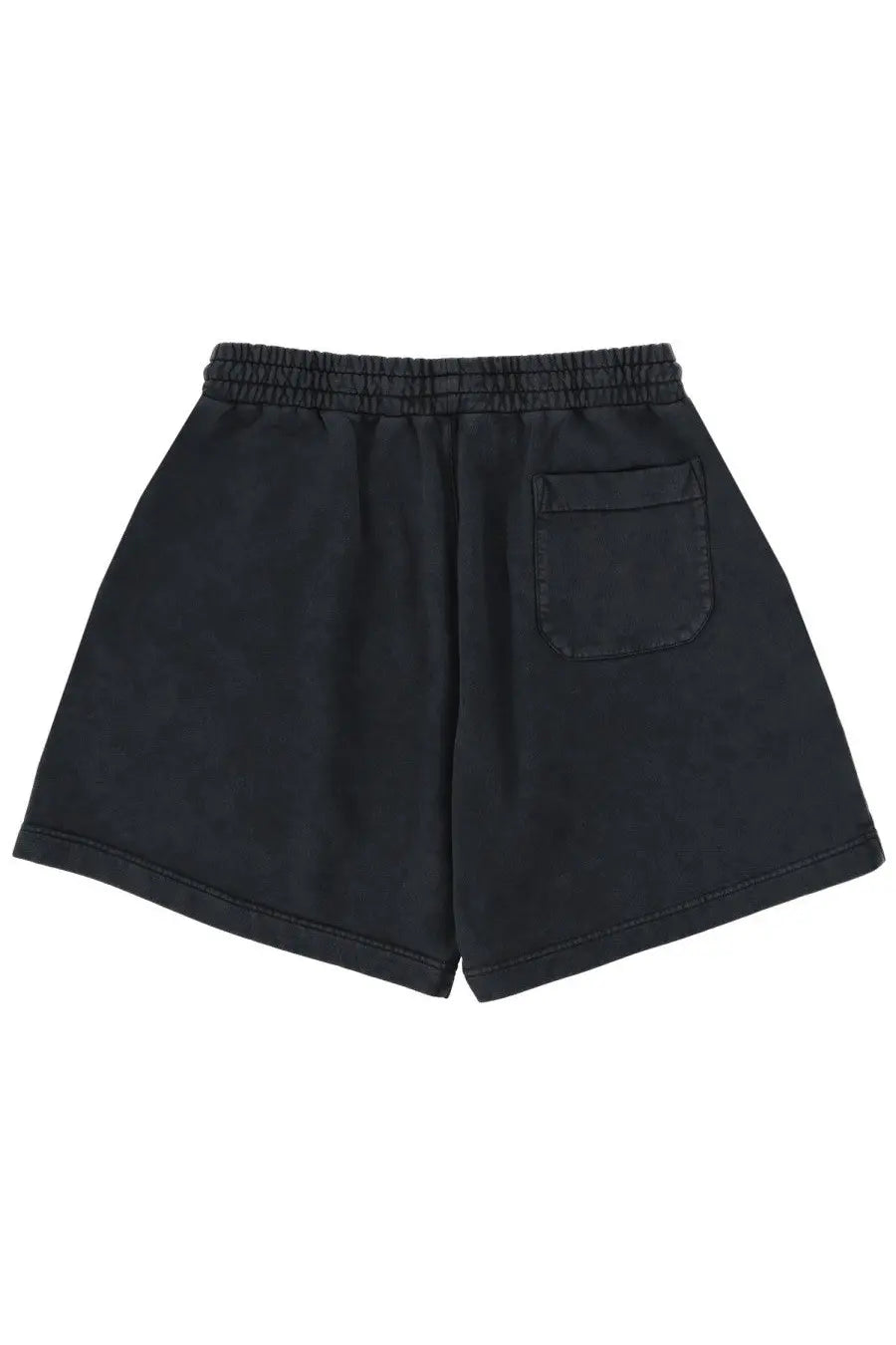 Back side of black cotton MSGM men’s shorts con grey with elastic waistband and single back pocket