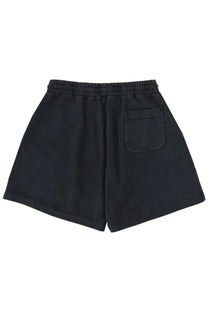 Back side of black cotton MSGM men’s shorts con grey with elastic waistband and single back pocket