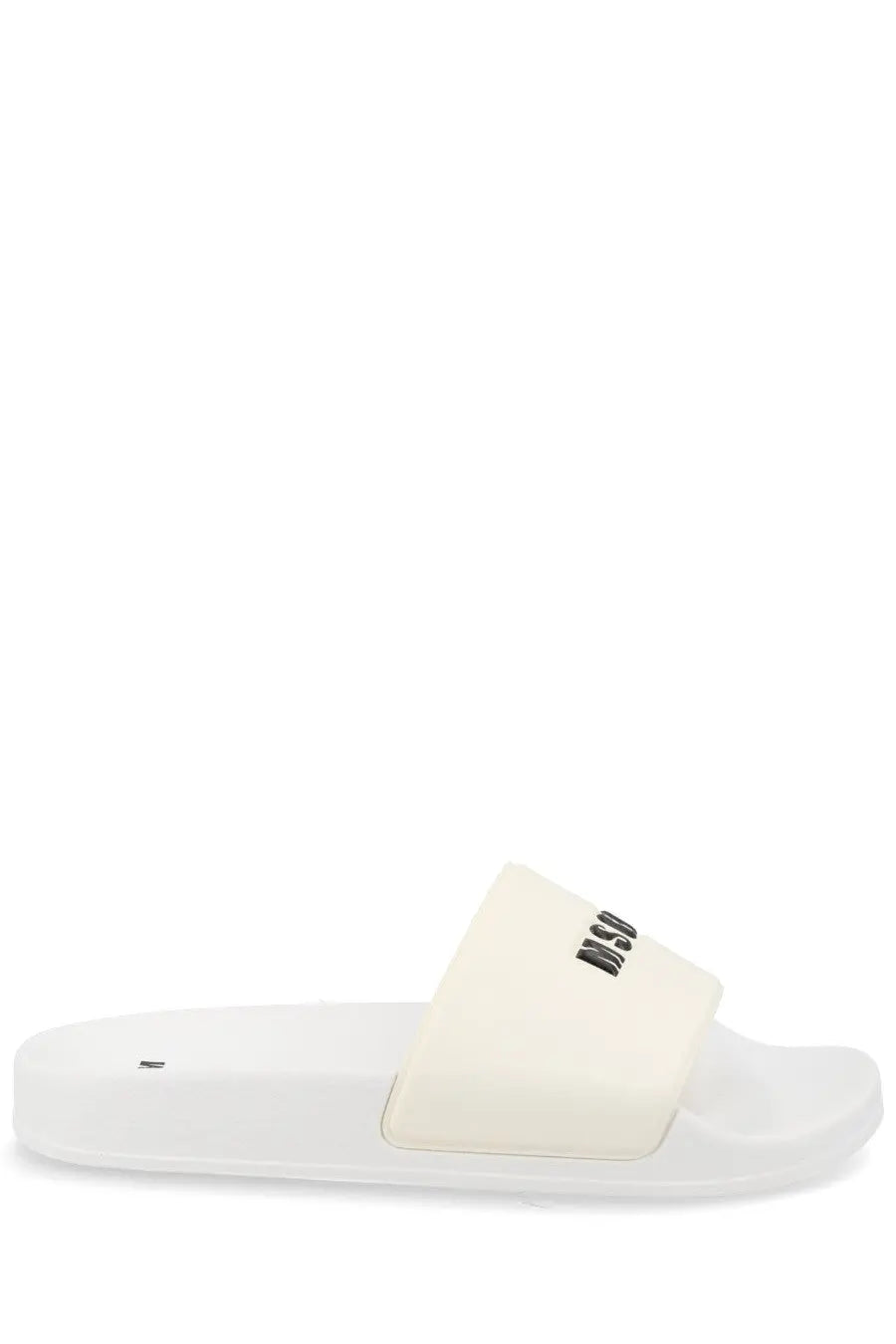 Msgm men’s cream slide sandal with minimalist design and dsquared2 logo on the strap in black lettering