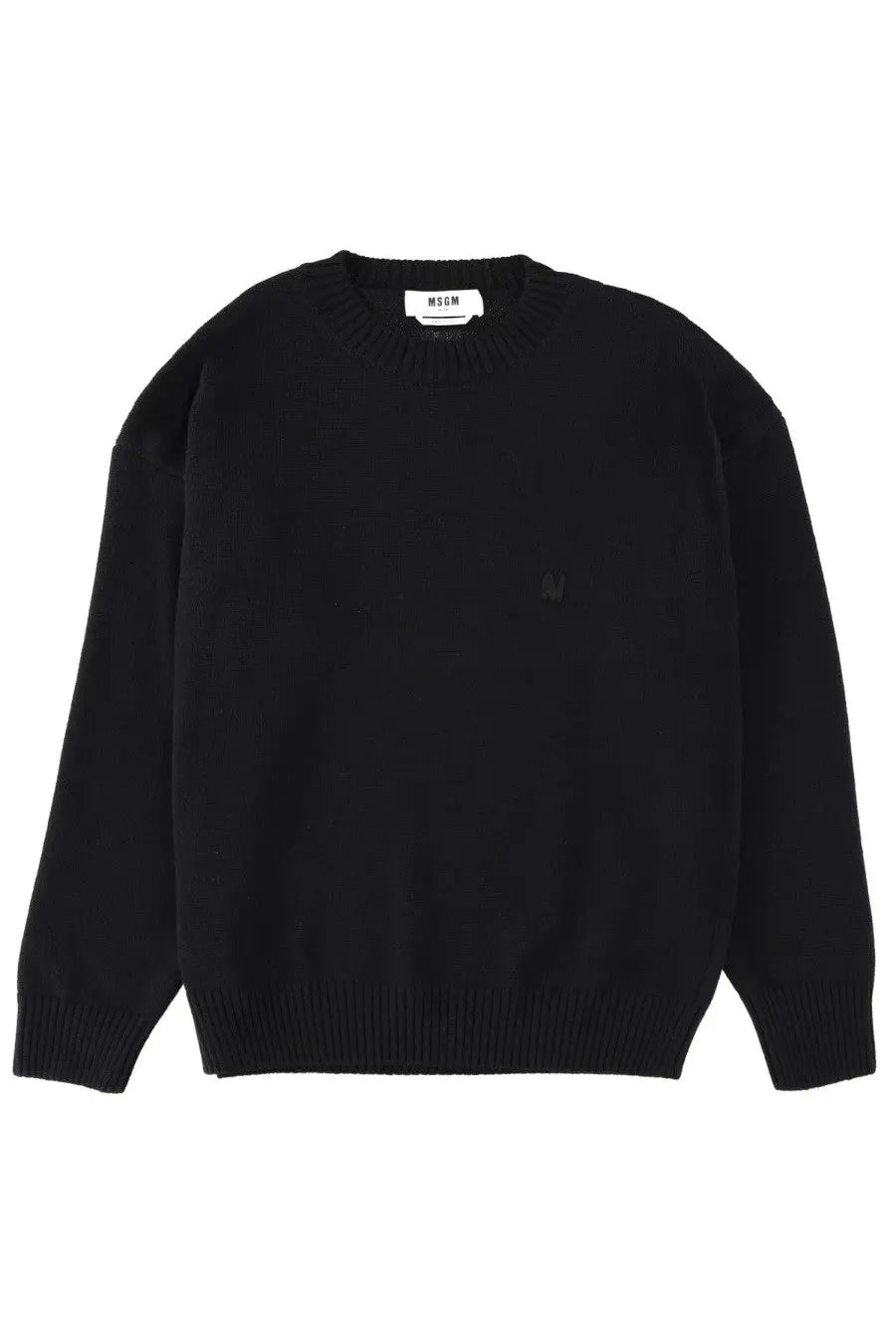 Msgm men’s black wool oversized crewneck sweater with ribbed cuffs hem and embroidered logo on left chest