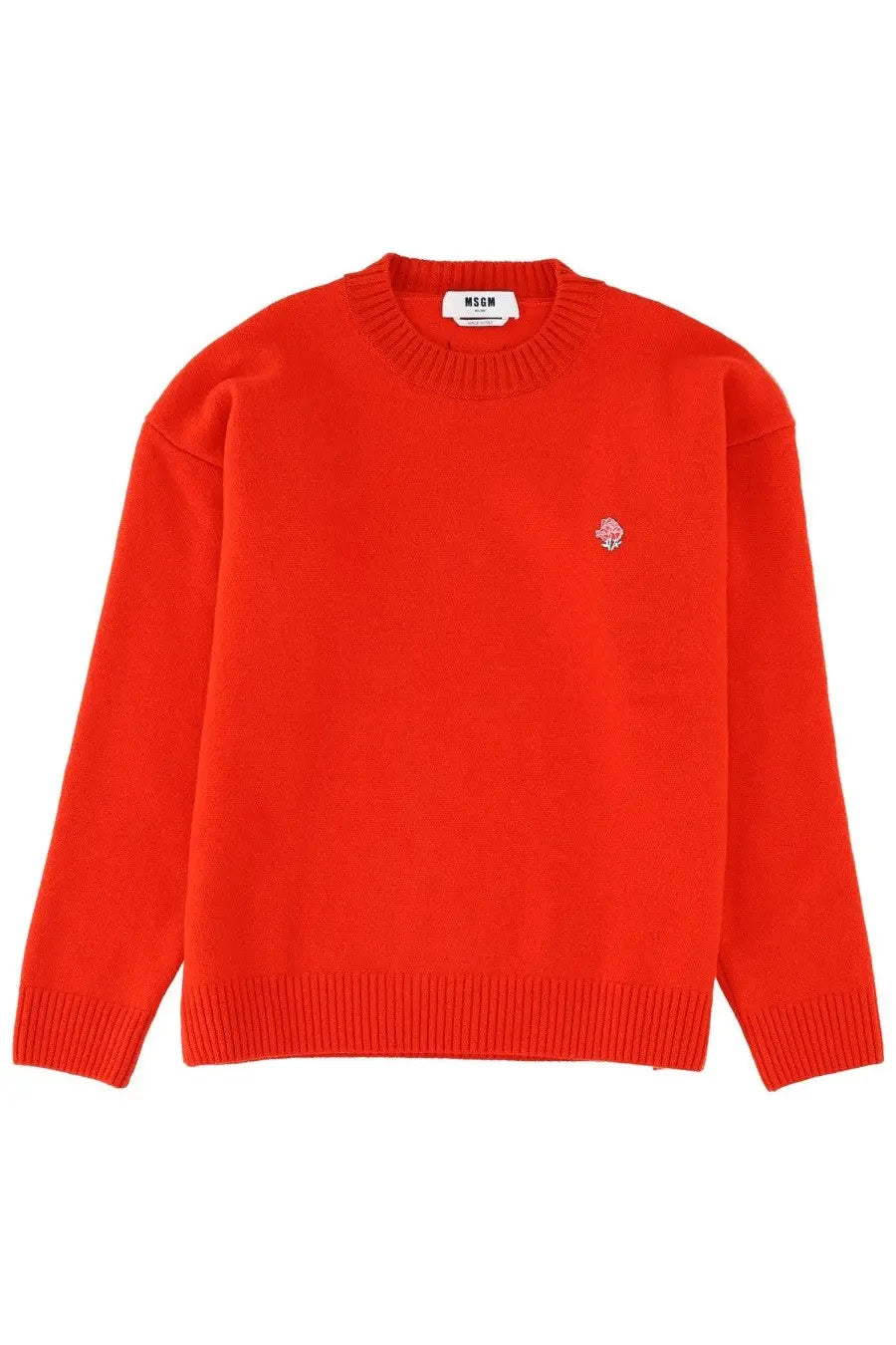 Red MSGM men’s wool crewneck sweater with subtle embroidered rose on left chest for stylish casual wear