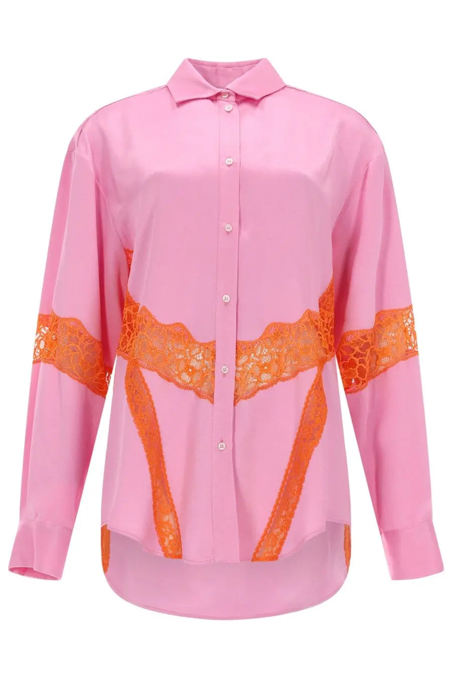 Msgm women’s pink long-sleeved button-up shirt with orange lace trim along sleeves and front in blue inserti con pizzo style