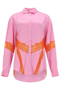 Msgm women’s pink long-sleeved button-up shirt with orange lace trim along sleeves and front in blue inserti con pizzo style