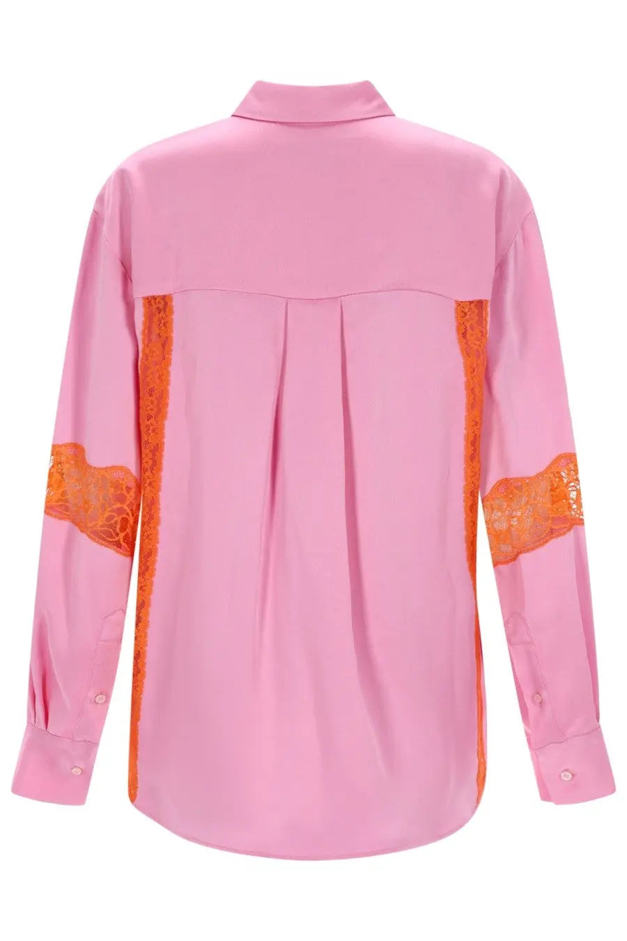Msgm women’s camicia con inserti in pizzo blue soft pink satin blouse with vibrant orange lace trim on sleeves and side seams