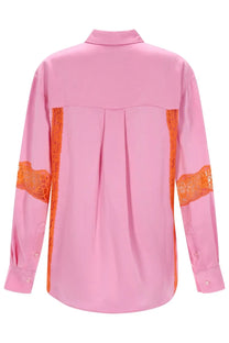 Msgm women’s camicia con inserti in pizzo blue soft pink satin blouse with vibrant orange lace trim on sleeves and side seams