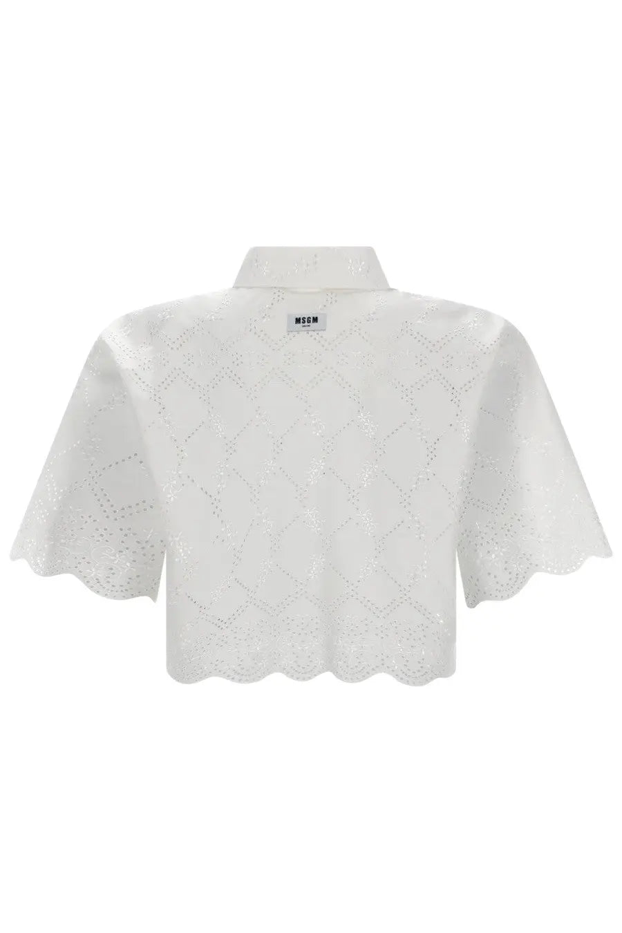 White cropped blouse with delicate eyelet embroidery scalloped sleeves and classic collar by MSGM women