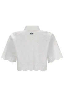 White cropped blouse with delicate eyelet embroidery scalloped sleeves and classic collar by MSGM women