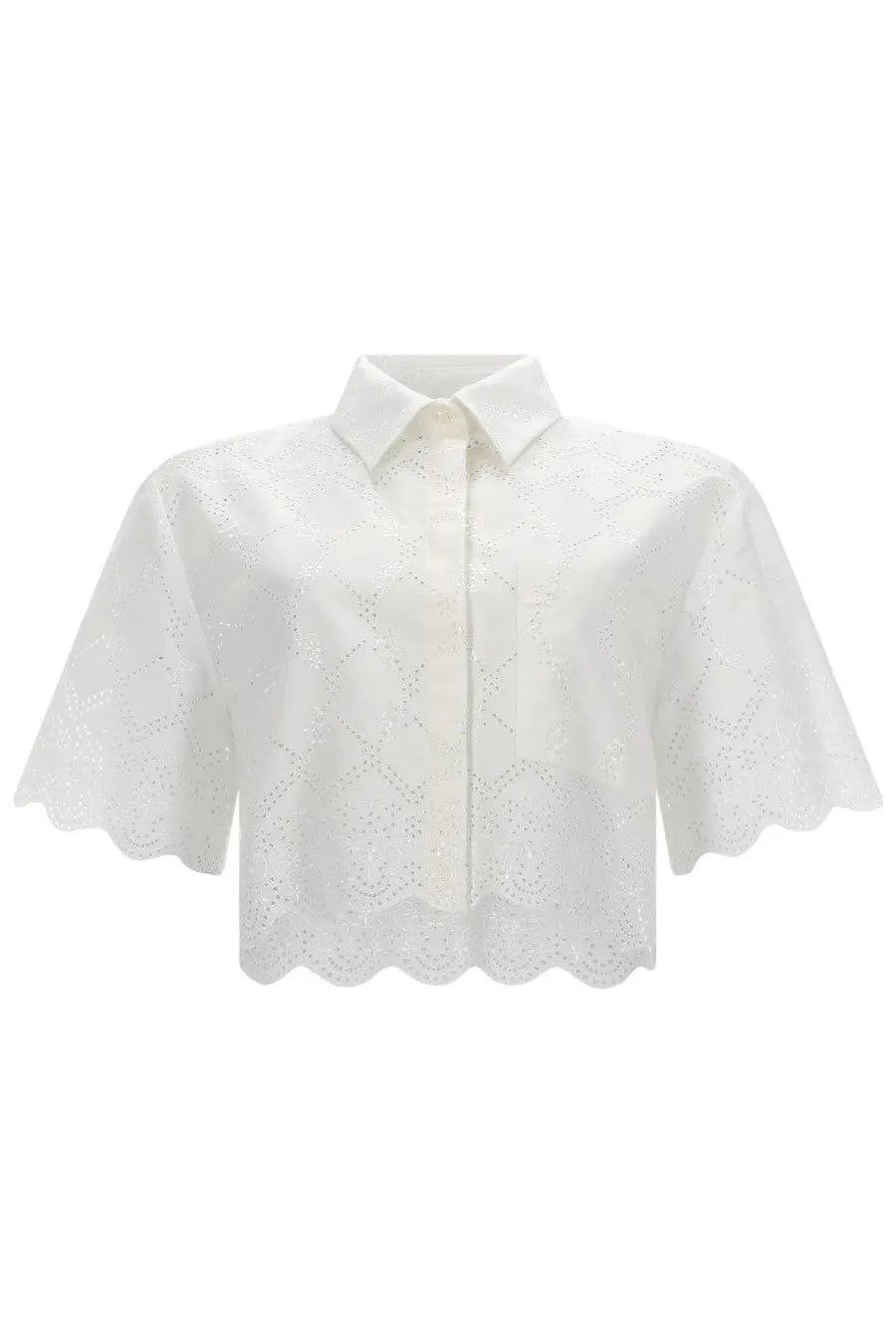 Msgm women’s white eyelet blouse with classic collar short flutter sleeves and scalloped hem in lightweight fabric