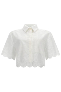 Msgm women’s white eyelet blouse with classic collar short flutter sleeves and scalloped hem in lightweight fabric