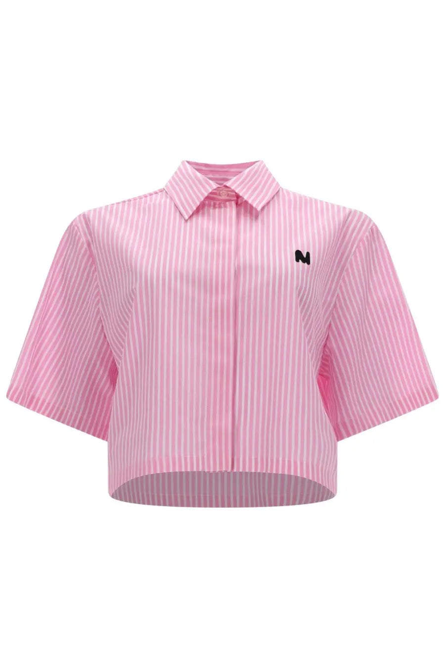 Msgm women’s camicia crop con blue pink and white striped cropped button-up shirt with short sleeves and black logo