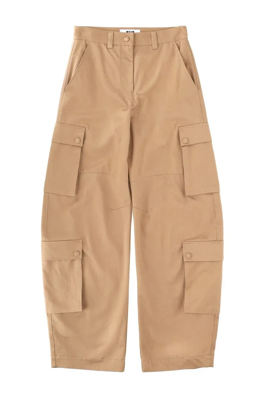 Beige msgm women’s cargo pants with multiple flap pockets and button closure designed for casual wear