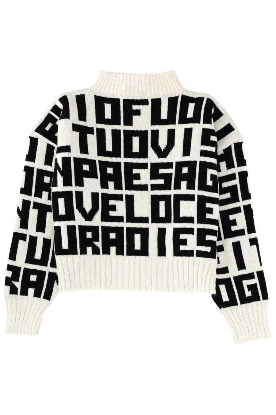 Cream-colored knit sweater with bold black geometric lettering pattern from MSGM womens collection