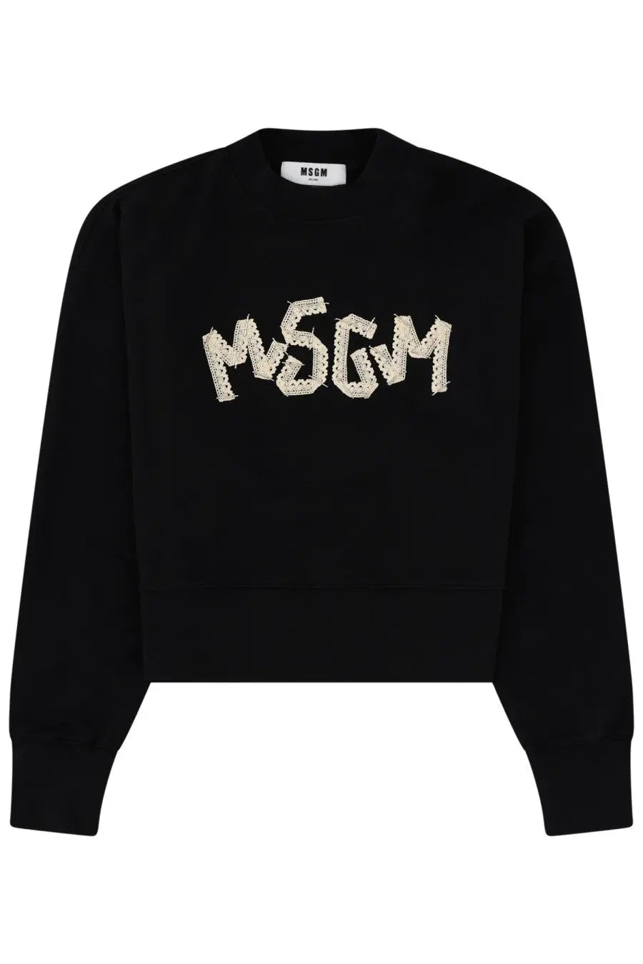 Black msgm women’s felpa con sweatshirt with bold white beaded logo across the chest in soft fabric