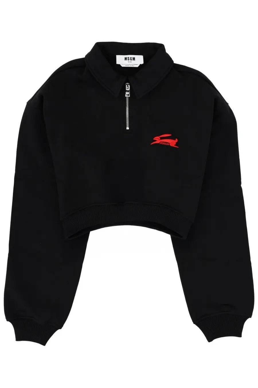 Black cropped sweatshirt for women by MSGM featuring a red embroidered rabbit logo and a silver collar zipper