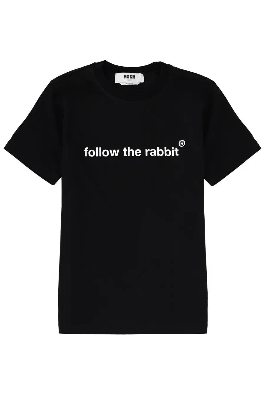Black MSGM women’s t-shirt with white follow the rabbit text across the chest made of soft cotton material